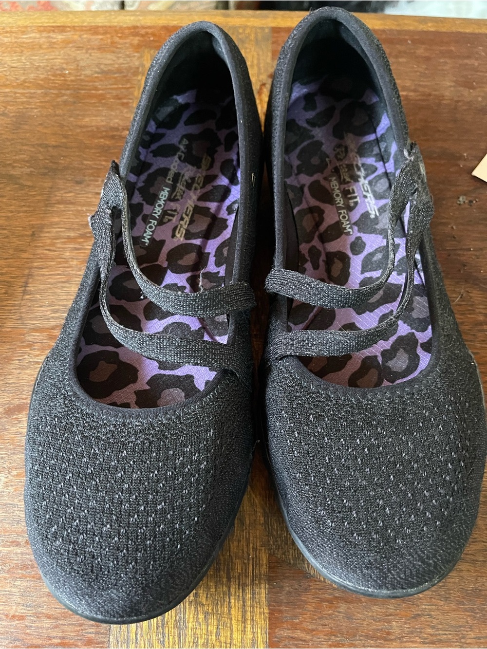 Skechers Black Knit Mary Jane Flats with Purple Leopard Insole